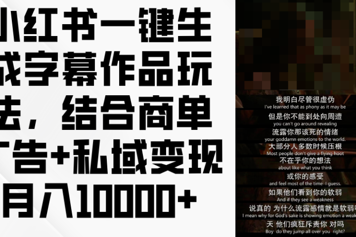 小红书一键生成字幕作品玩法，结合商单广告+私域变现月入10000+-让一部分人先富起来默财创业网
