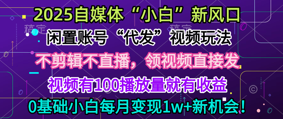 2025每月躺赚5w+新机会，闲置视频账号一键代发玩法，0粉不实名不剪辑，领了视频直接发，0基础小白也能日入300+-让一部分人先富起来默财 创业网