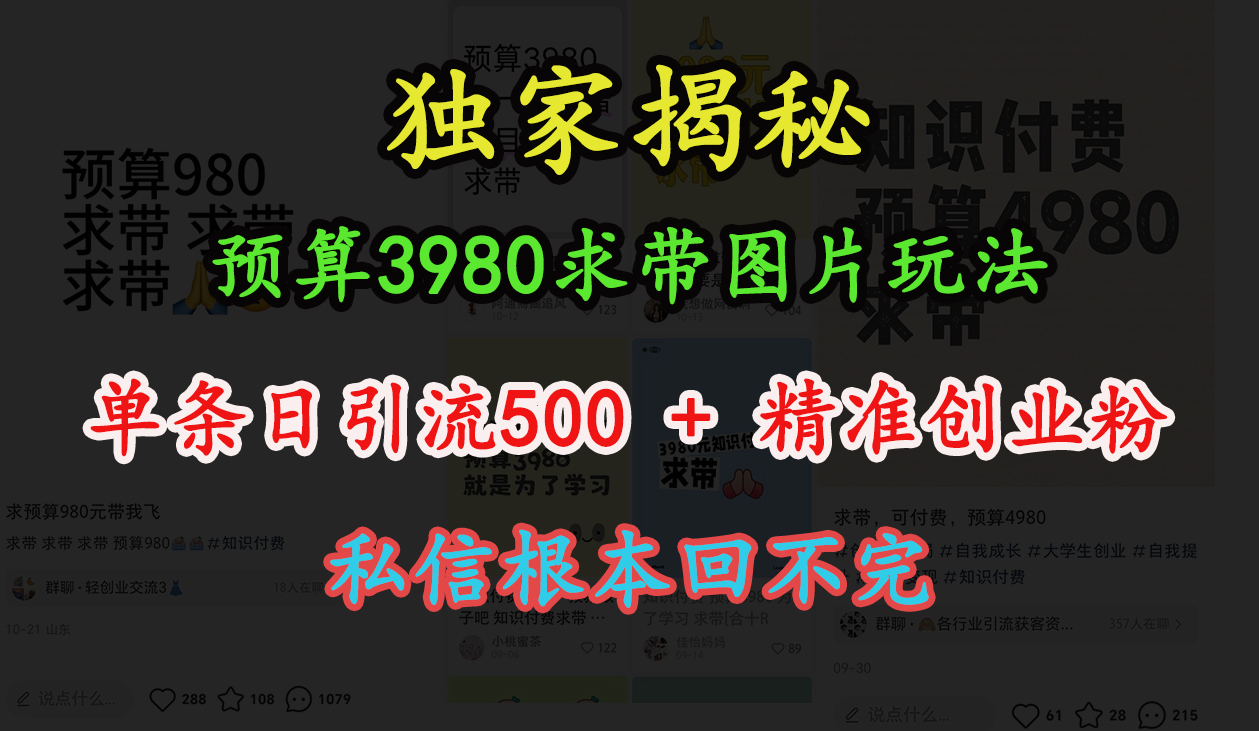 “小红书”预算3980求带 图片玩法，单条日引流500+精准创业粉，私信根本回不完-让一部分人先富起来默财 创业网