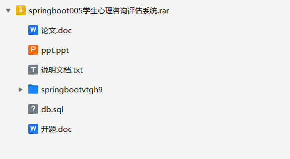 springboot学生心理咨询评估系统+源码+数据库+开题+论文+说明文档 springboot学生心理咨询评估系统+源码+数据库+开题+论文+说明文档